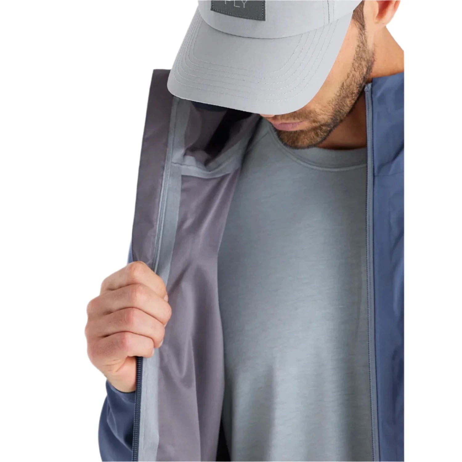 free fly mens cloudshield rain jacket in storm cloud front inside model view