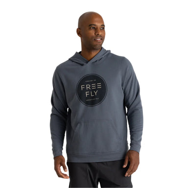 free fly mens comfort on fleece hoodie in storm cloud front model close view