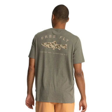 Free Fly M's Trout Camo Pocket Tee, Heather Fatigue, back view on model