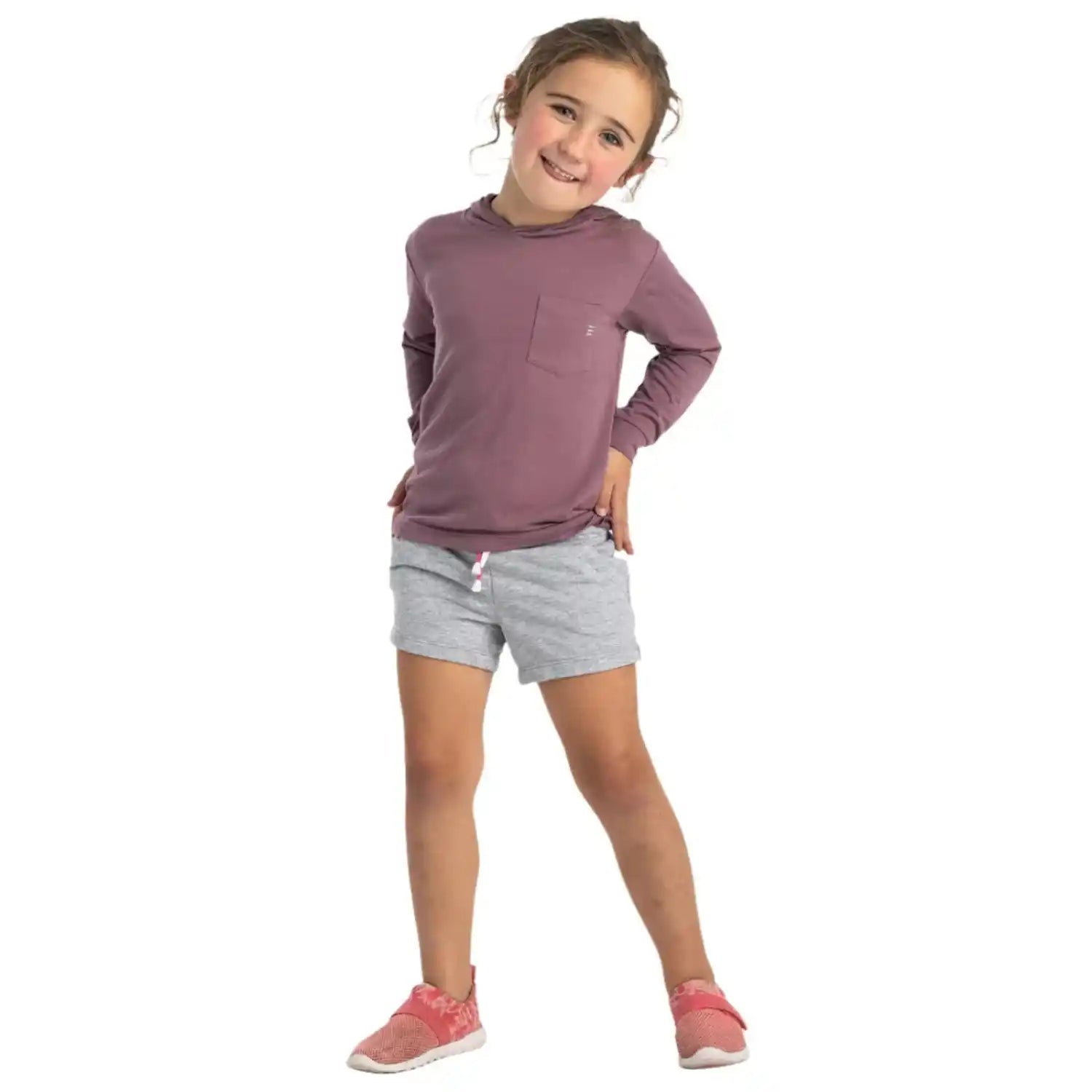 Free Fly Toddler Bamboo Shade Hoodie, Sea Moss Purple, front view on model