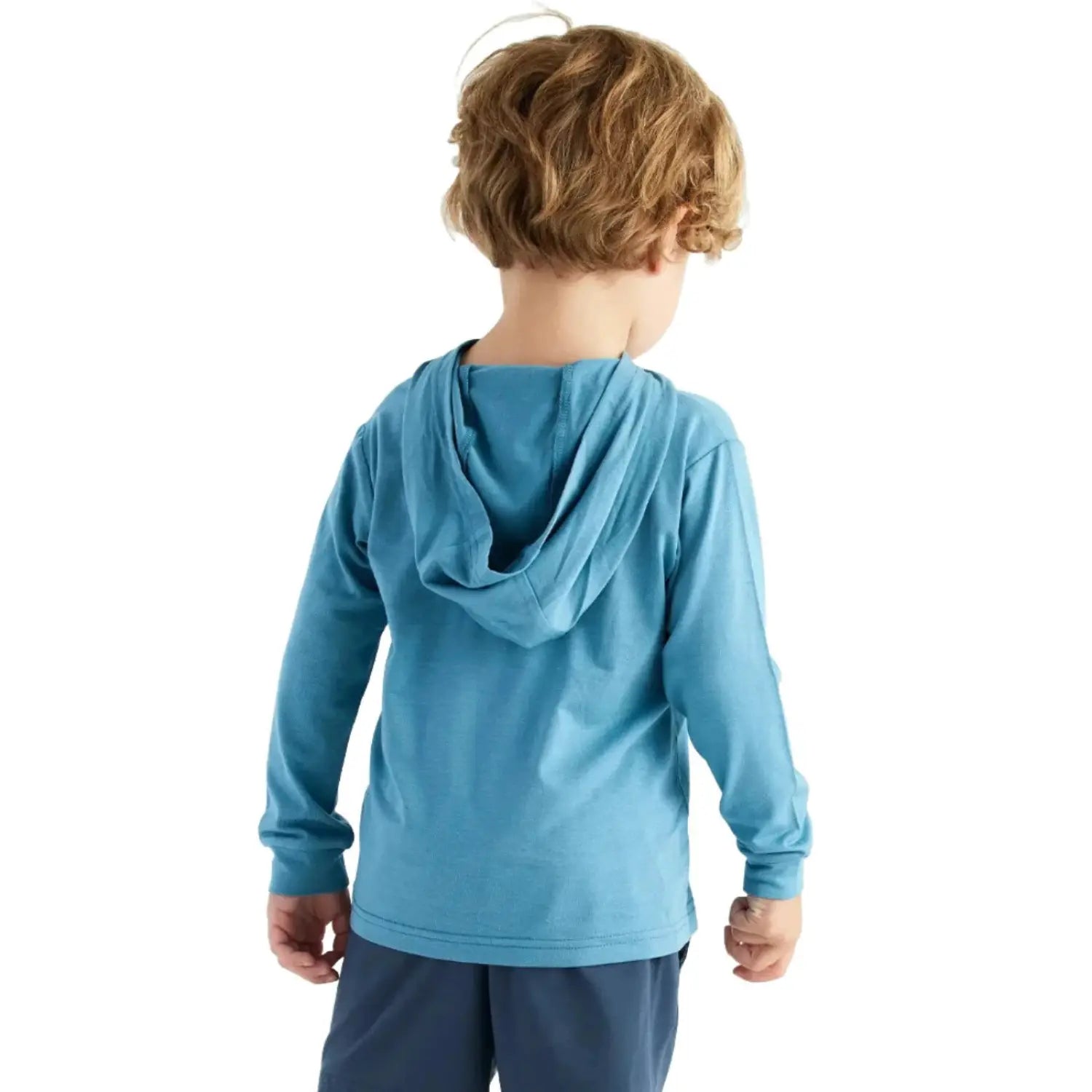 Free Fly Toddler Bamboo Shade Hoodie, Bluestone, back view on model 