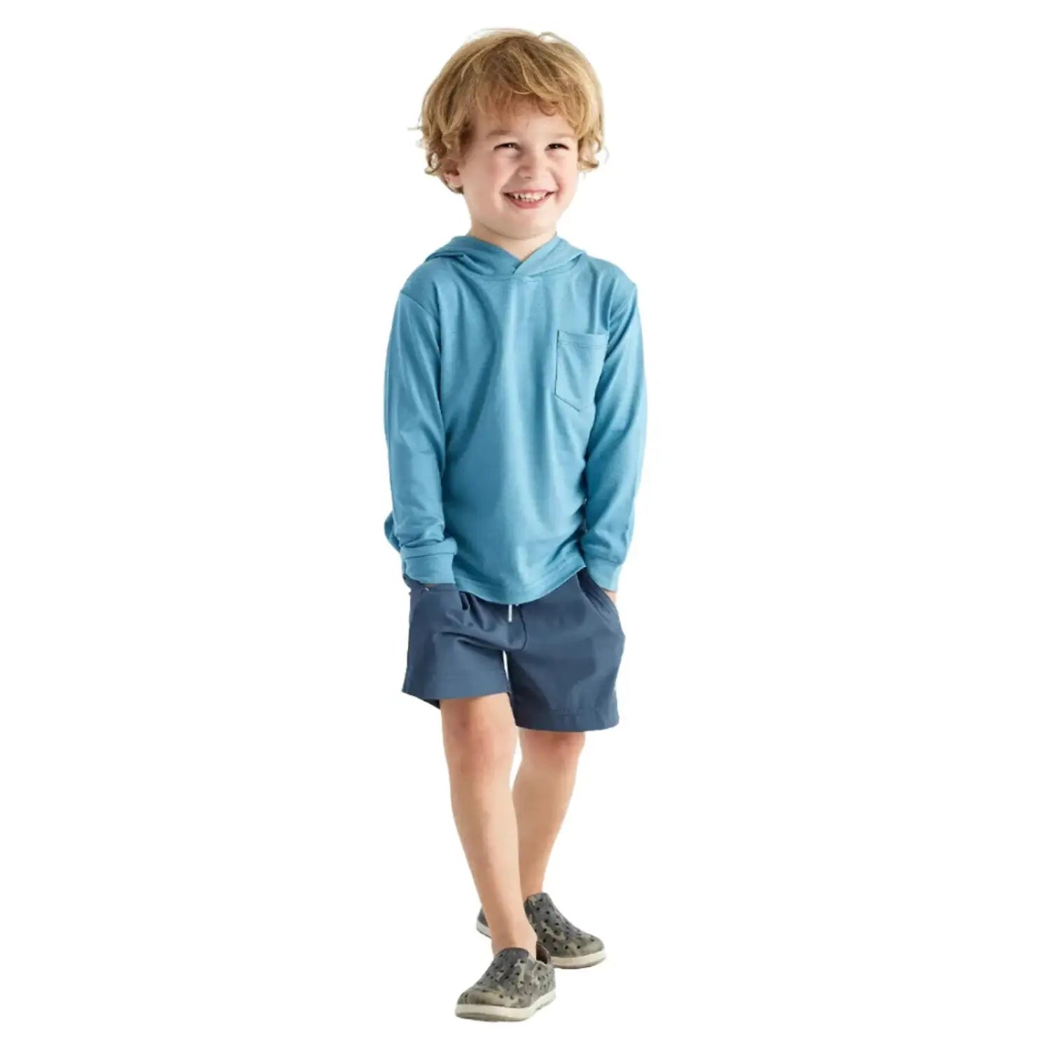 Free Fly Toddler Bamboo Shade Hoodie, Bluestone, front view on model 