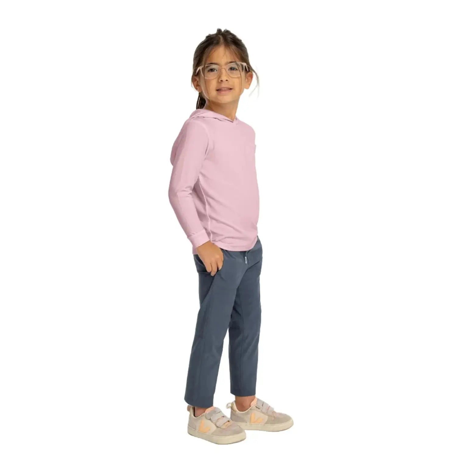 Free Fly Toddler Bamboo Shade Hoodie, Lilac, front and side view on model 