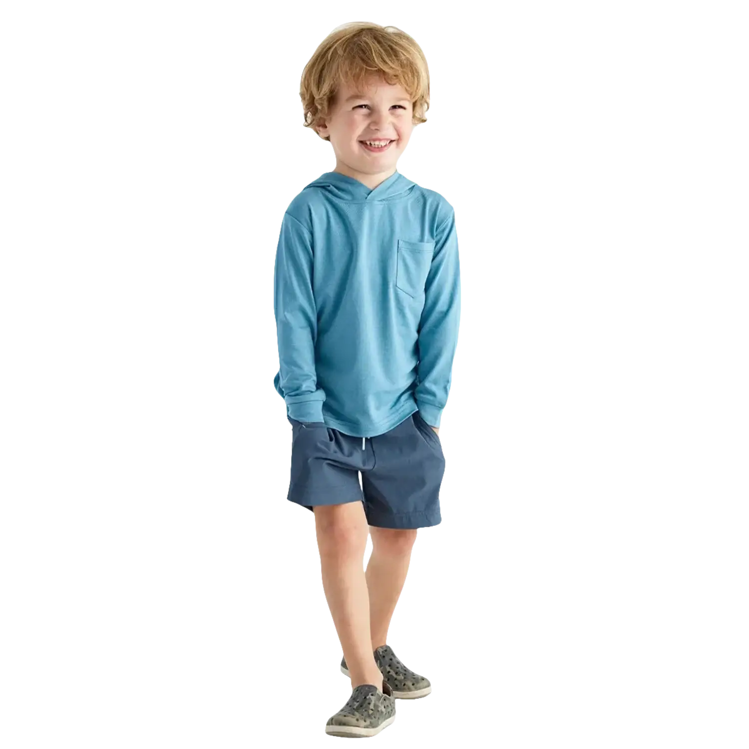 Free Fly Toddler Bamboo Shade Hoodie in bluestone, on model front view