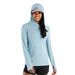 Free Fly W's Bamboo Shade Hoodie II, Ocean Mist, front view on model with hood up