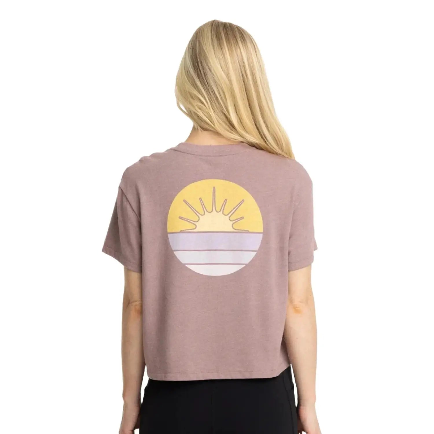 Free Fly W's Daybreak Tee, Heather Fig, back view on model 
