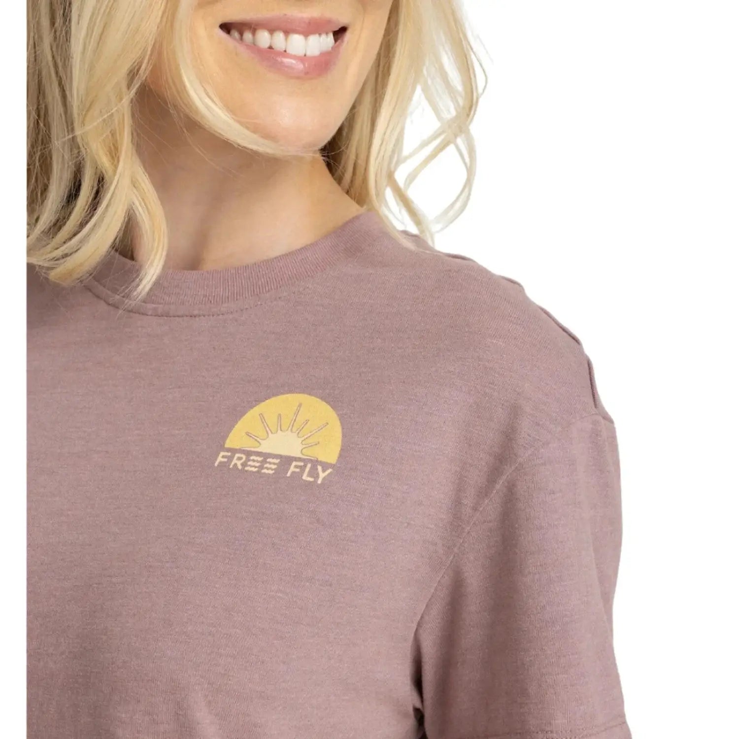 Free Fly W's Daybreak Tee, Heather Fig, front view on model 