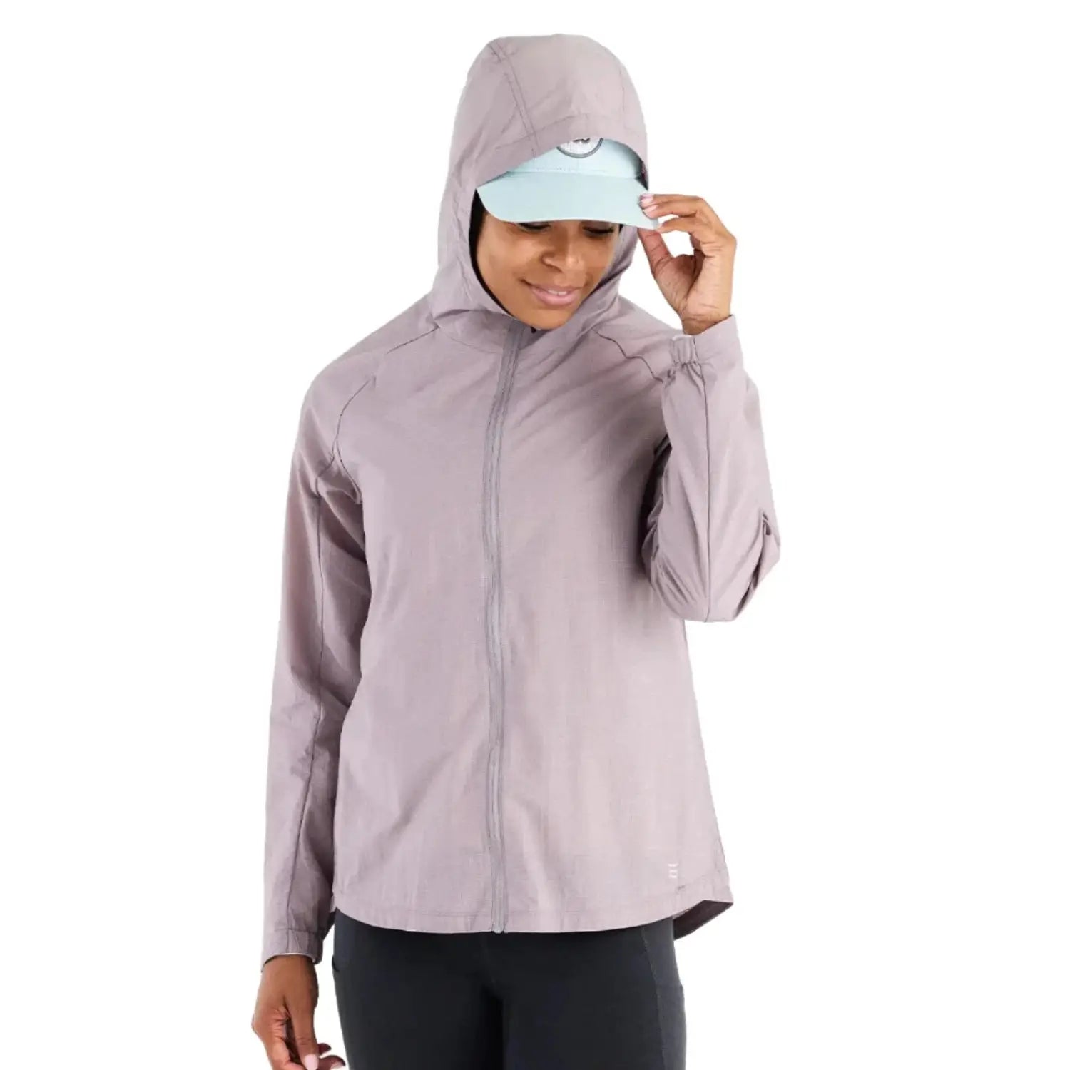 Free Fly W's Headwind Jacket, Purple Sage, front view on model with hood up