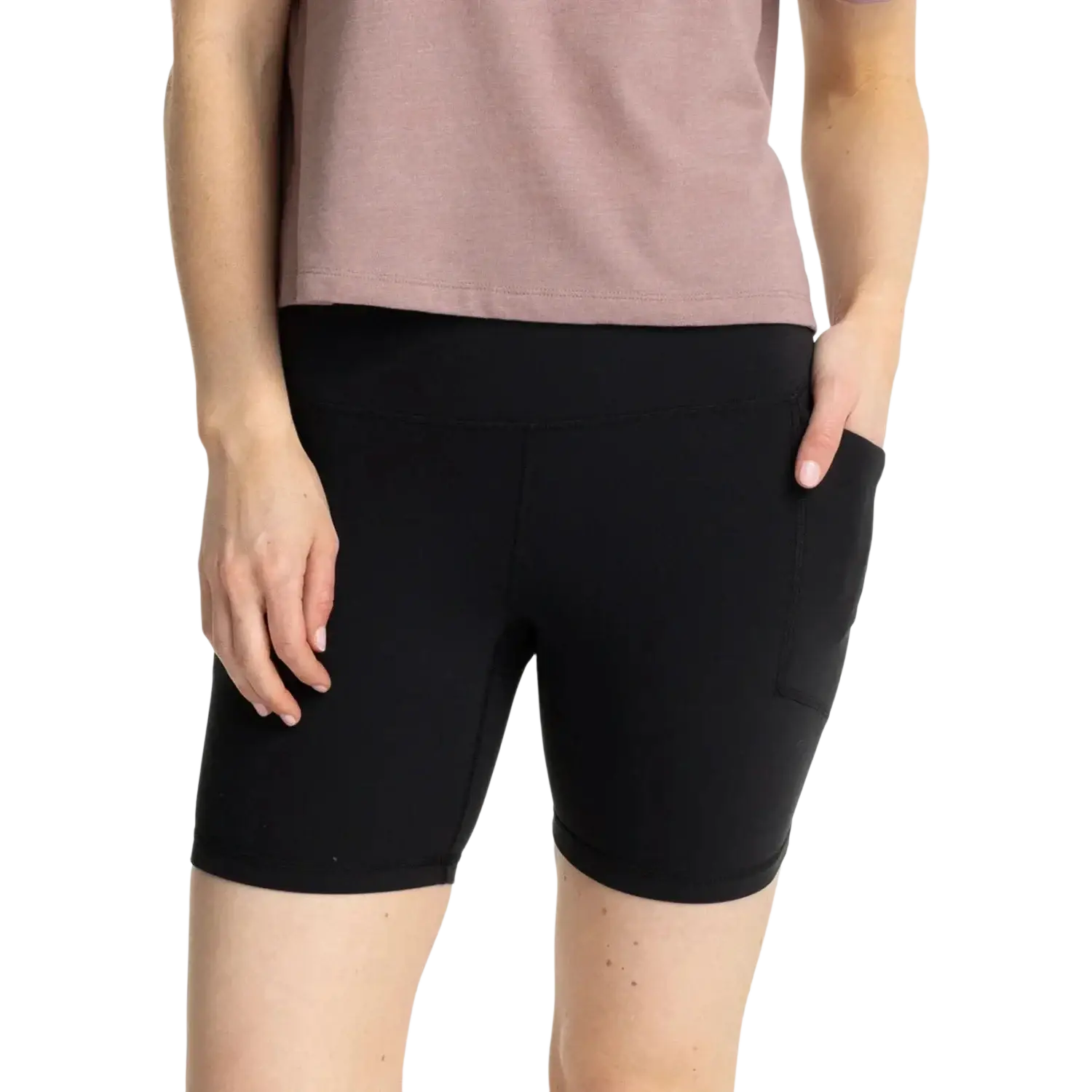 Free Fly Women's All Day 6" Pocket Short in black, model front view