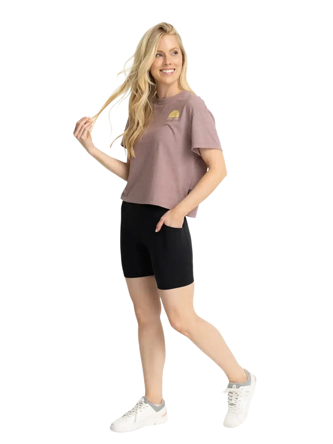 Free Fly Women's All Day 6" Pocket Short in black, model front full view