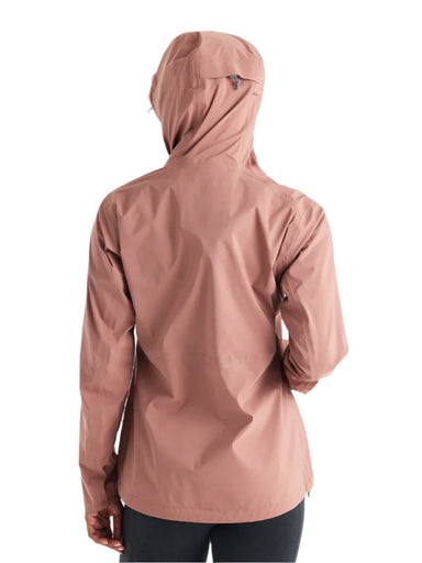 Free fly womens cloudshield rain jacket in light sangria color back view with model hood up