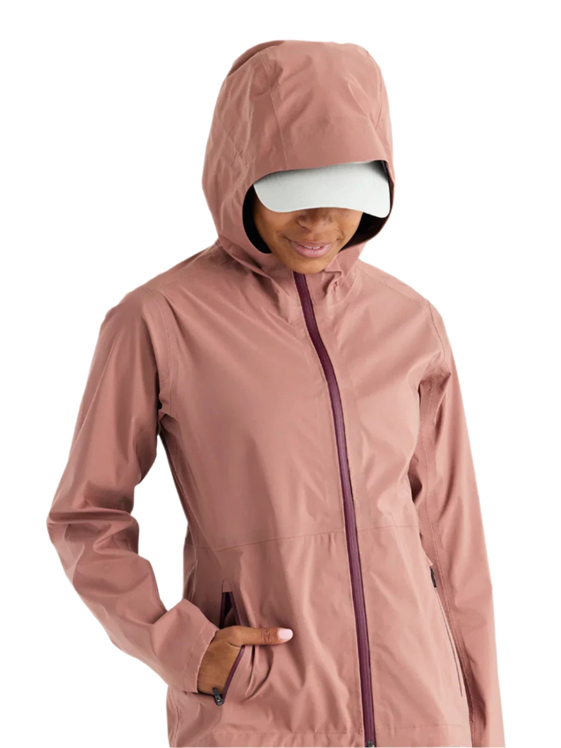 Free fly womens cloudshield rain jacket in light sangria color front view with model hood up