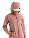 Free fly womens cloudshield rain jacket in light sangria color front view with model hood up