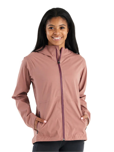 Free fly womens cloudshield rain jacket in light sangria color front view with model hood down