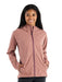 Free fly womens cloudshield rain jacket in light sangria color front view with model hood down