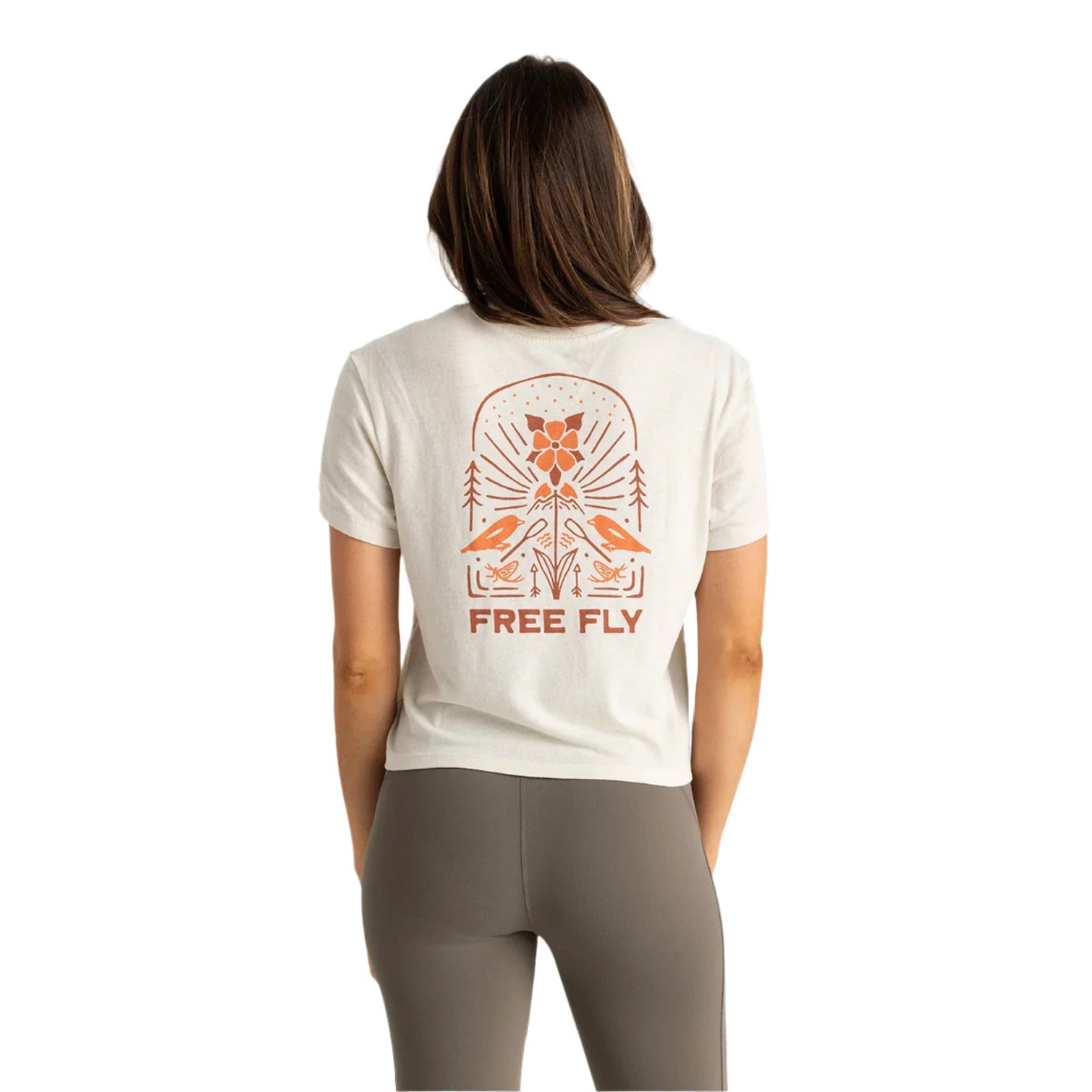 free fly womens mellow meadow tee in heather birch back model view