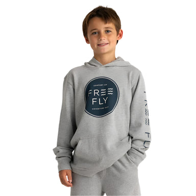 free fly youth comfort on fleece hoodie in light heather grey boy model