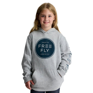 free fly youth comfort on fleece hoodie in light heather grey girl model