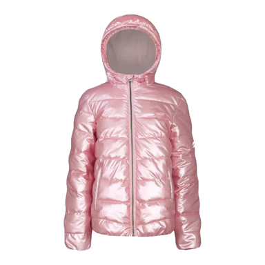 Boulder Gear Youth Trinket Jacket in Cotton Candy. A quilted jacket with hood in shiny pink. Front View.