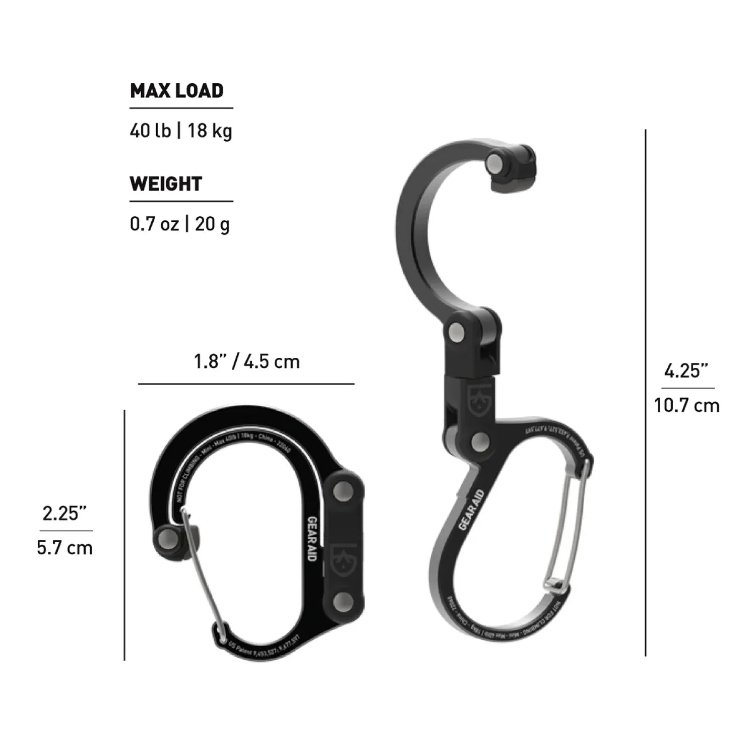 small gear clip carabiner tool in front view, next to it is open view of clip with size specifications