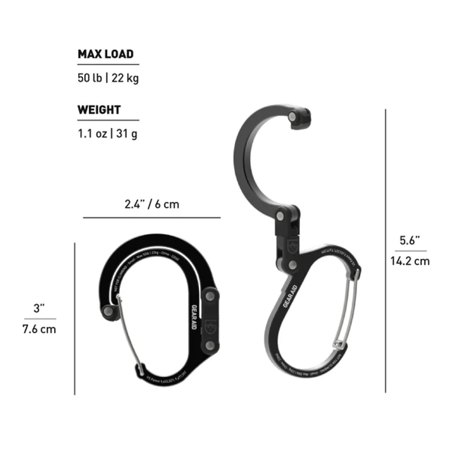 gear aid heroclip small carabiner front view closed and open with size specs, weight, and max load values