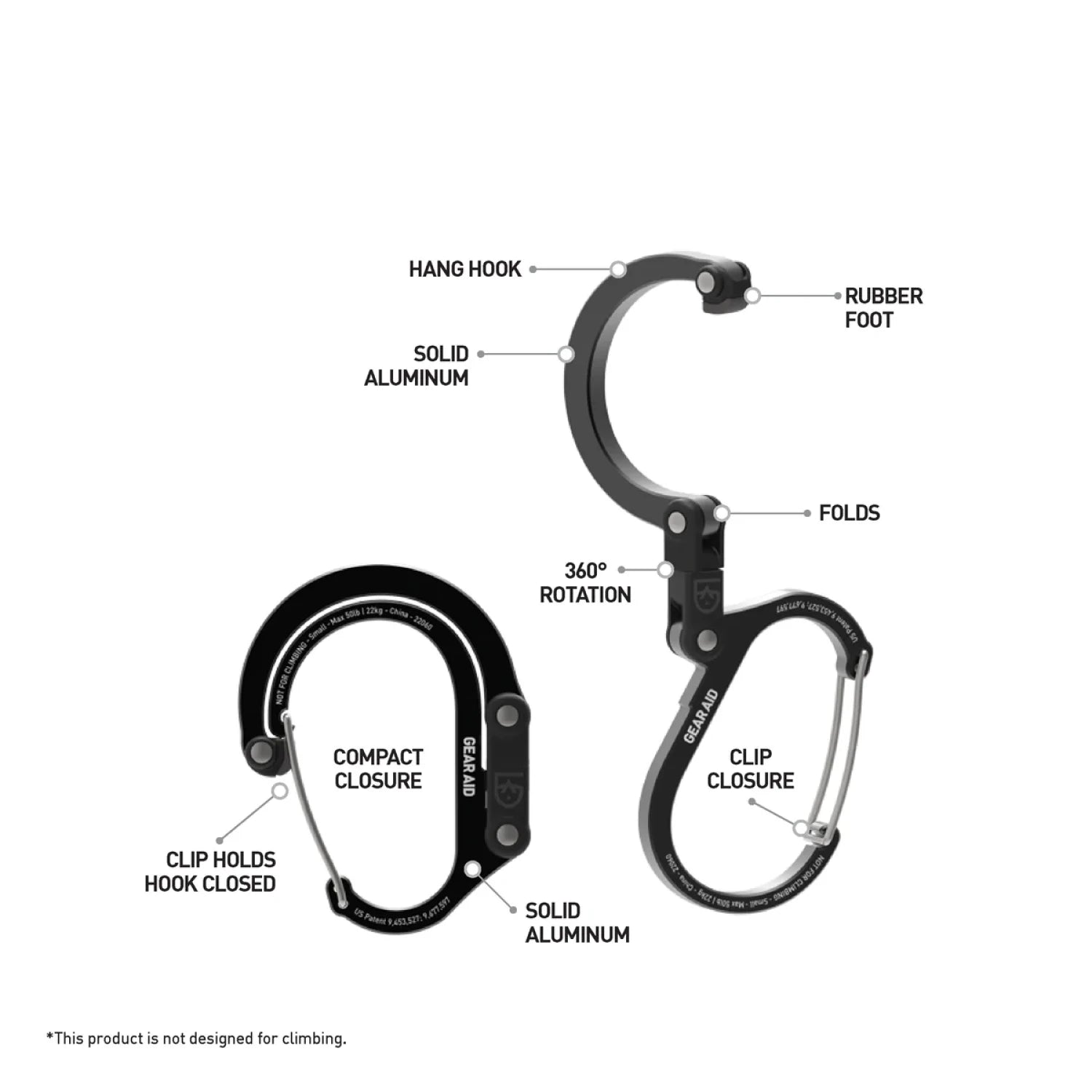 gear aid heroclip small carabiner front and open side view with technical specifications labelled