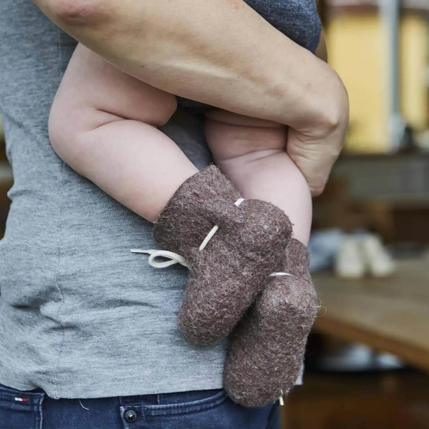 Glerups Baby Boots in Brown, view of boots on model 