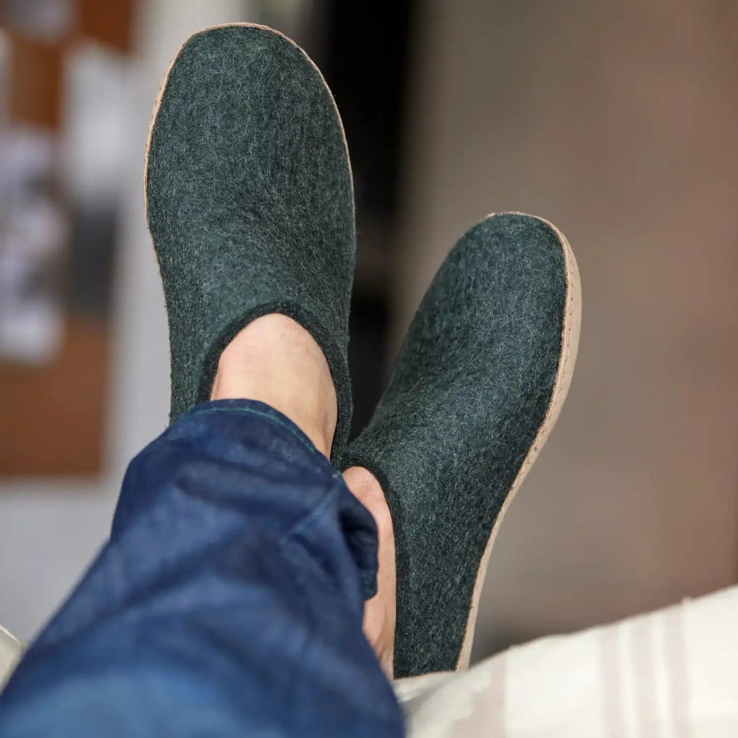 Glerups Slip-on with Leather Sole in Forest, view of slipper on male