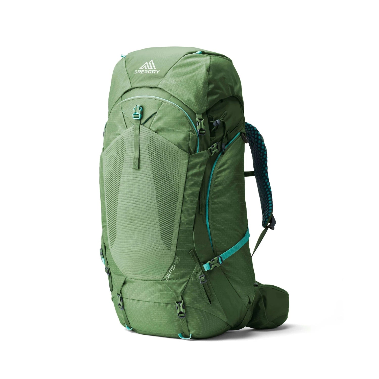 Gregory Women's Kalmia 60L Backpacking pack. Shown in the Olive Frost color option. Front view.
