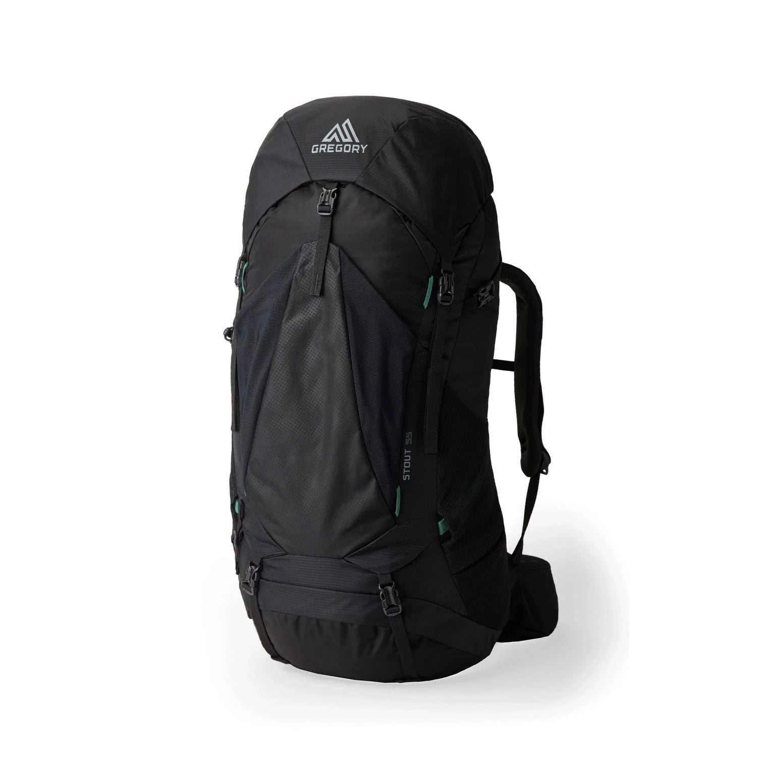Gregory Men's Stout 55L Hiking Pack. Shown in the Forest Black color option. Front view.