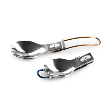 GSI Outdoors Glacier Folding Spork shown in open and folded position in Blue and Orange color options.