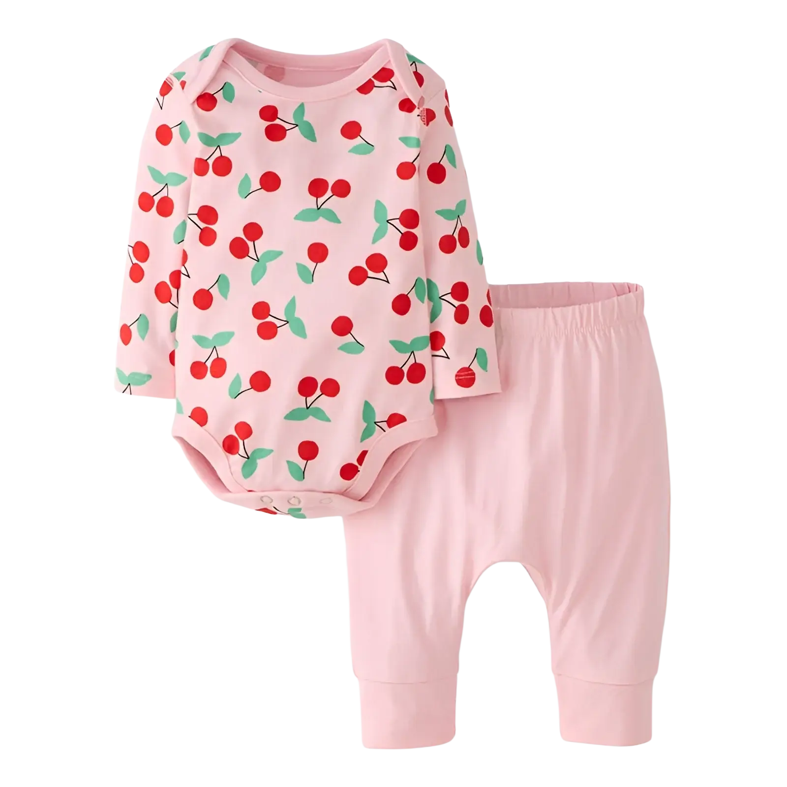 Hanna Andersson Baby Long Sleeve Wiggle Set in cherries on light pink, front view