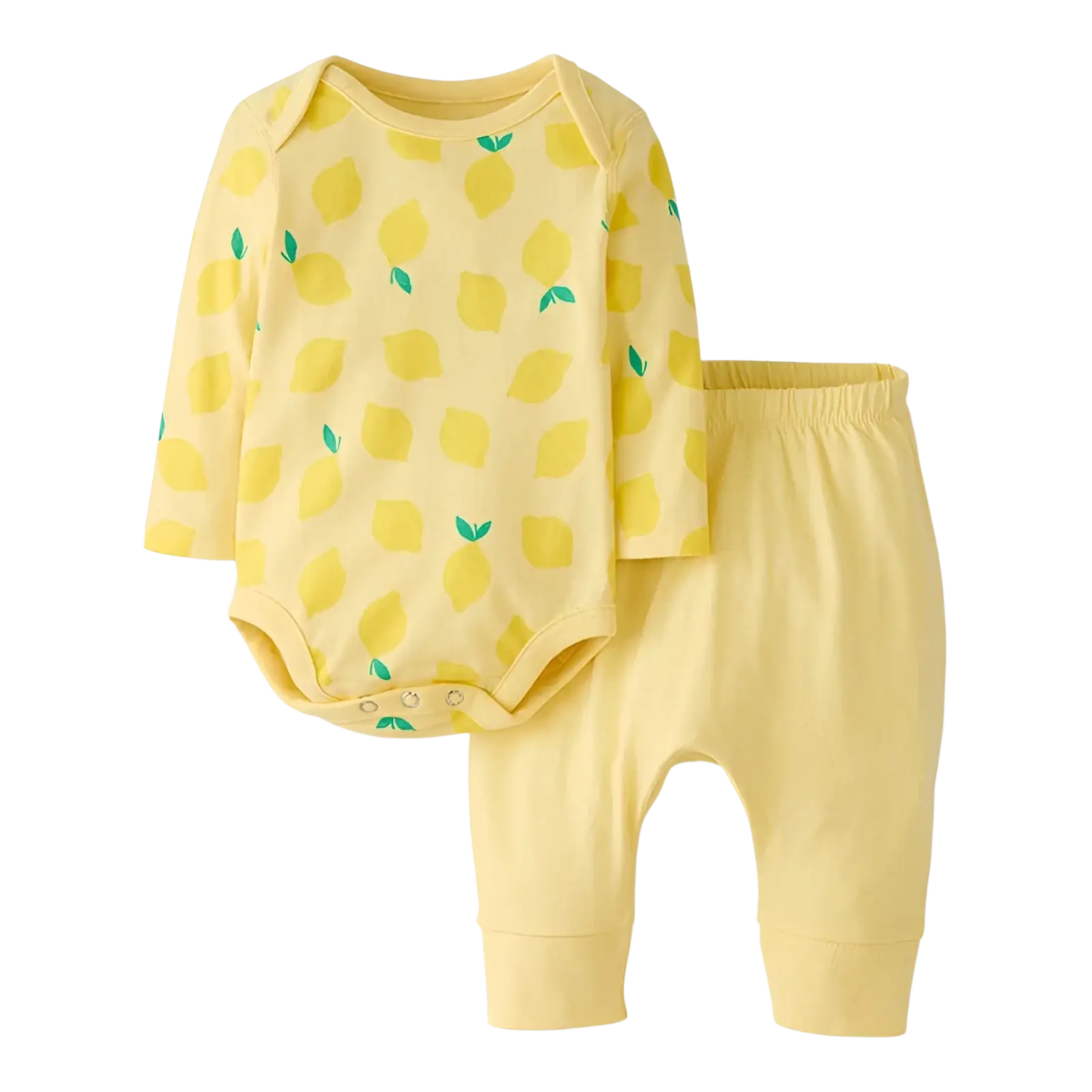 Hanna Andersson Baby Long Sleeve Wiggle Set in lemons on light yellow, front view