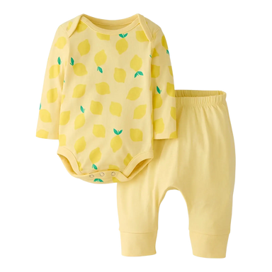 Hanna Andersson Baby Long Sleeve Wiggle Set in lemons on light yellow, front view