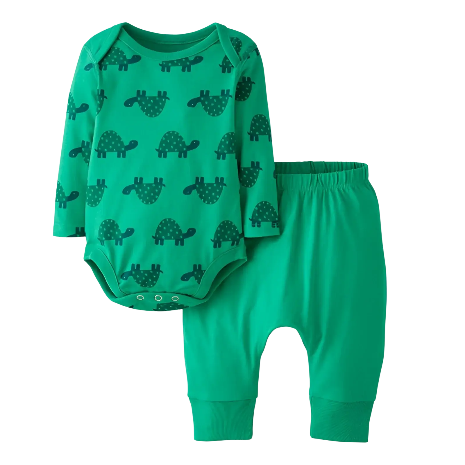 Hanna Andersson Baby Long Sleeve Wiggle Set in turtles on green, front view