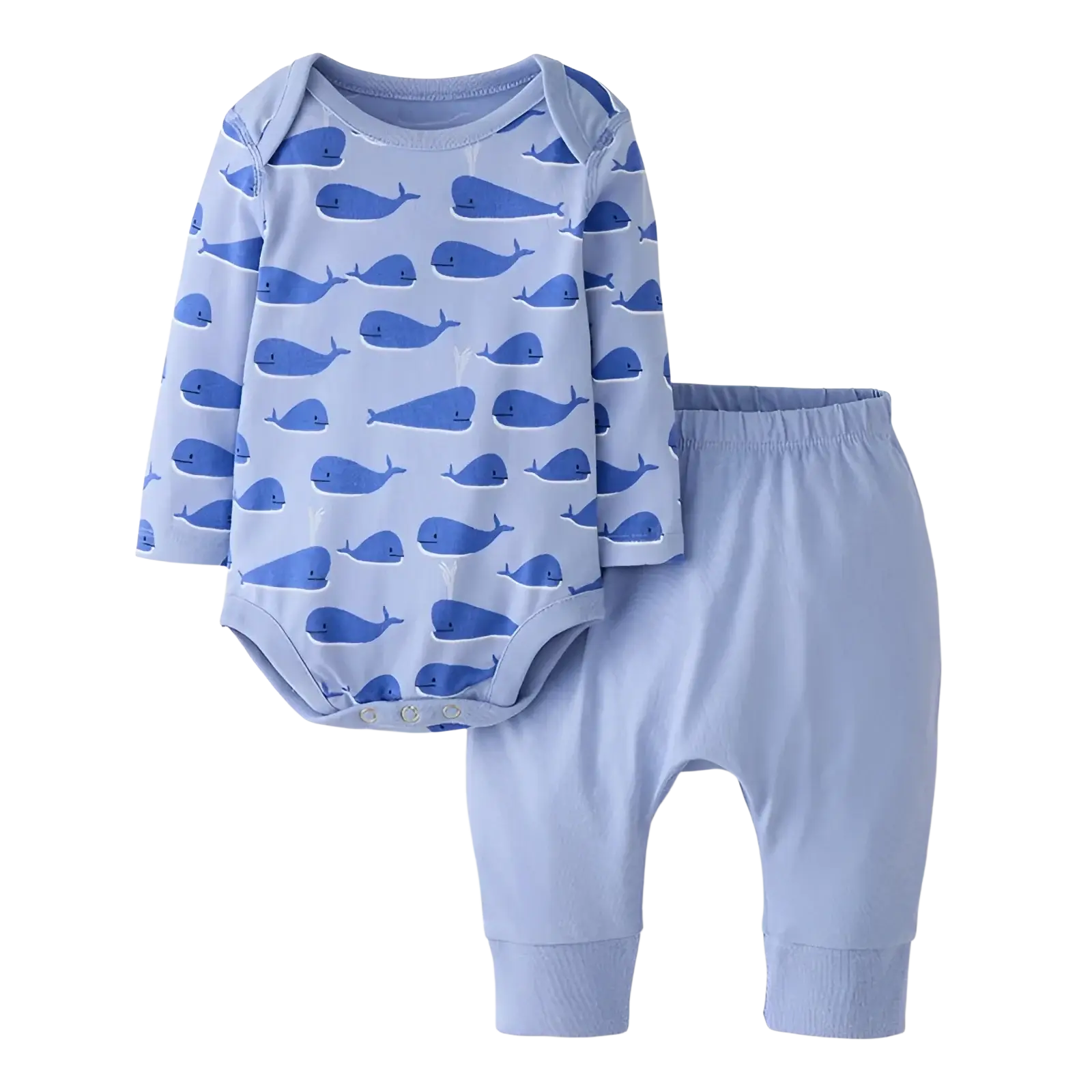 Hanna Andersson Baby Long Sleeve Wiggle Set in whales on light blue, front view