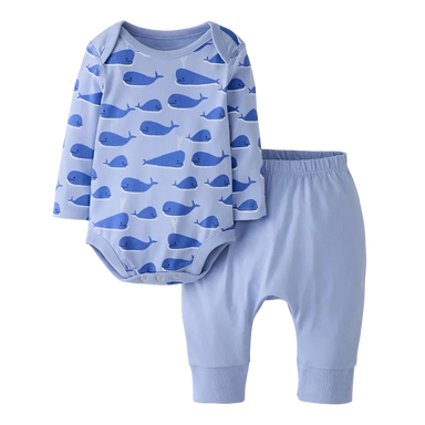 Hanna Andersson Baby Long Sleeve Wiggle Set in whales on light blue, front view