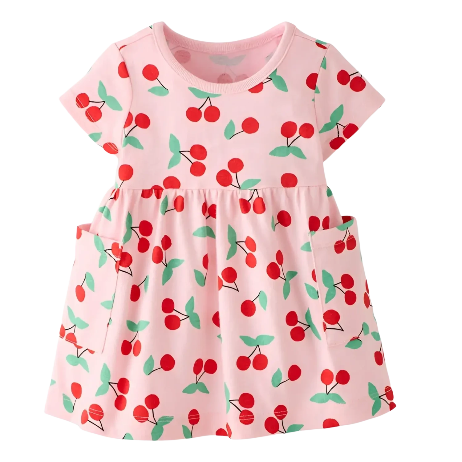 Hanna Andersson Baby Short Sleeve Playtime Dress in cherries on light pink, front view