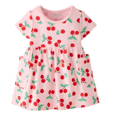 Hanna Andersson Baby Short Sleeve Playtime Dress in cherries on light pink, front view