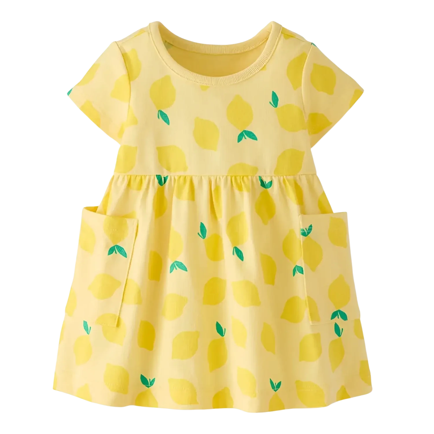 Hanna Andersson Baby Short Sleeve Playtime Dress in lemons on light yellow, front view