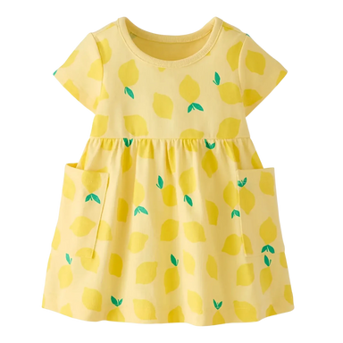 Hanna Andersson Baby Short Sleeve Playtime Dress in lemons on light yellow, front view