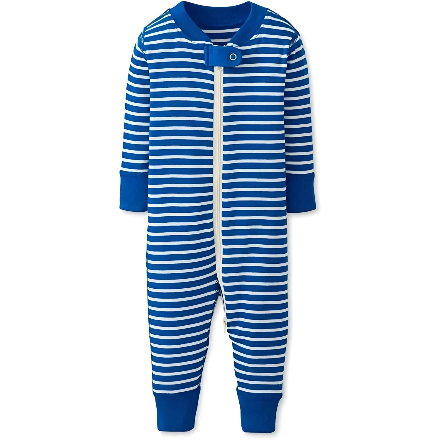 Hanna Andersson Baby Striped 2-Way Zip Sleeper in baltic blue & ecru, front view