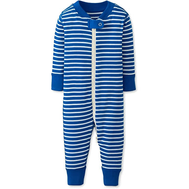 Hanna Andersson Baby Striped 2-Way Zip Sleeper in baltic blue & ecru, front view