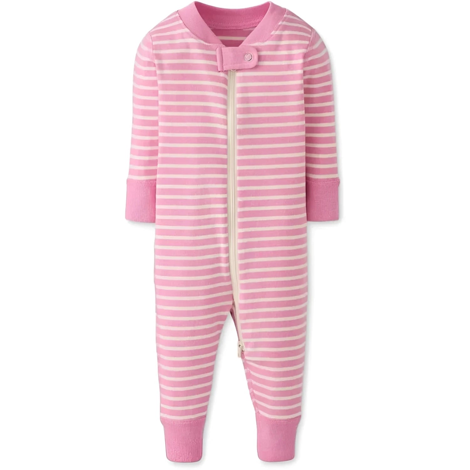 Hanna Andersson Baby Striped 2-Way Zip Sleeper in begonia pink & ecru, front view