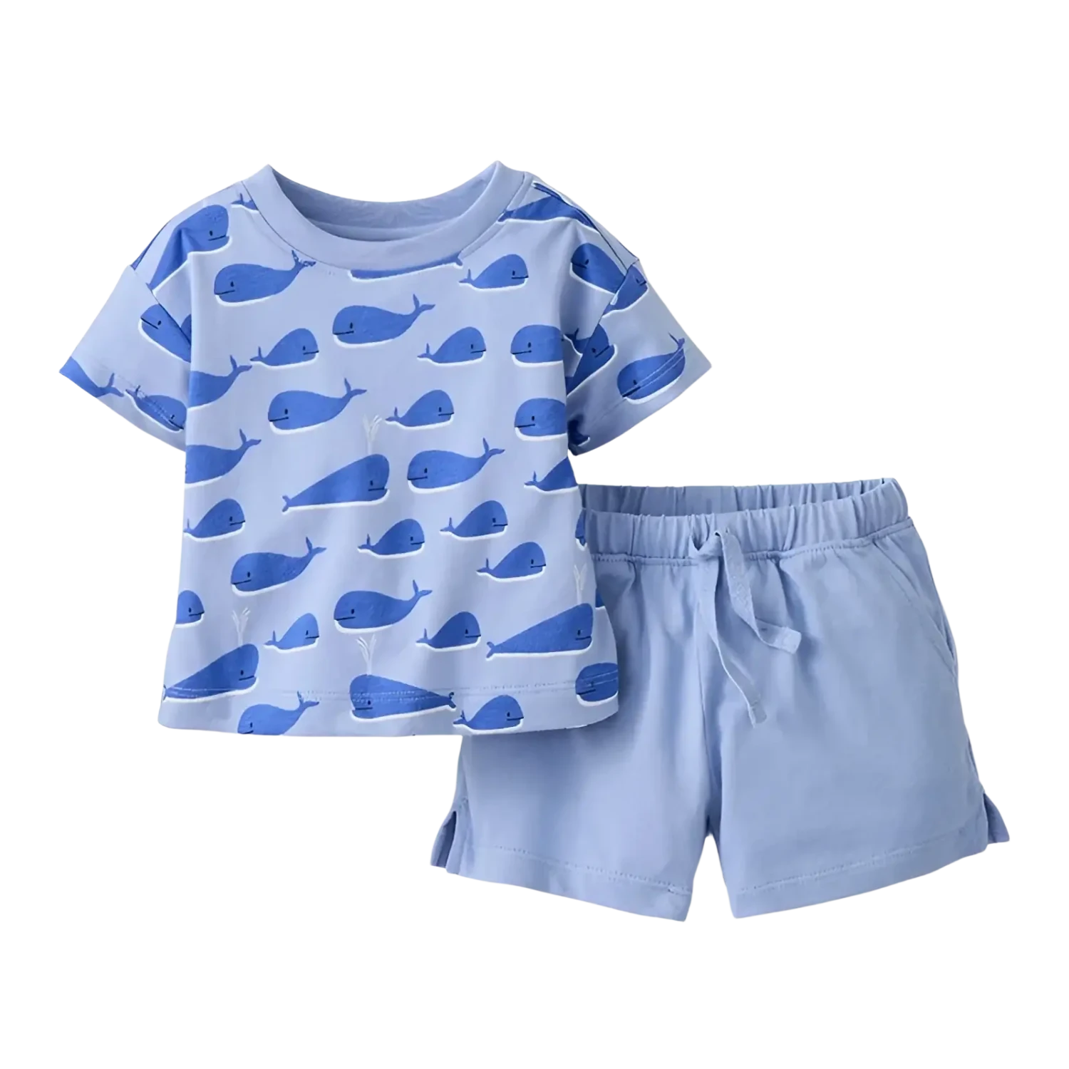 Hanna Andersson Baby Tee & Short Set in whales on light blue, front view