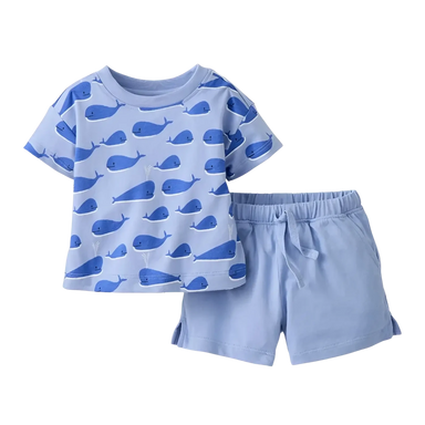 Hanna Andersson Baby Tee & Short Set in whales on light blue, front view