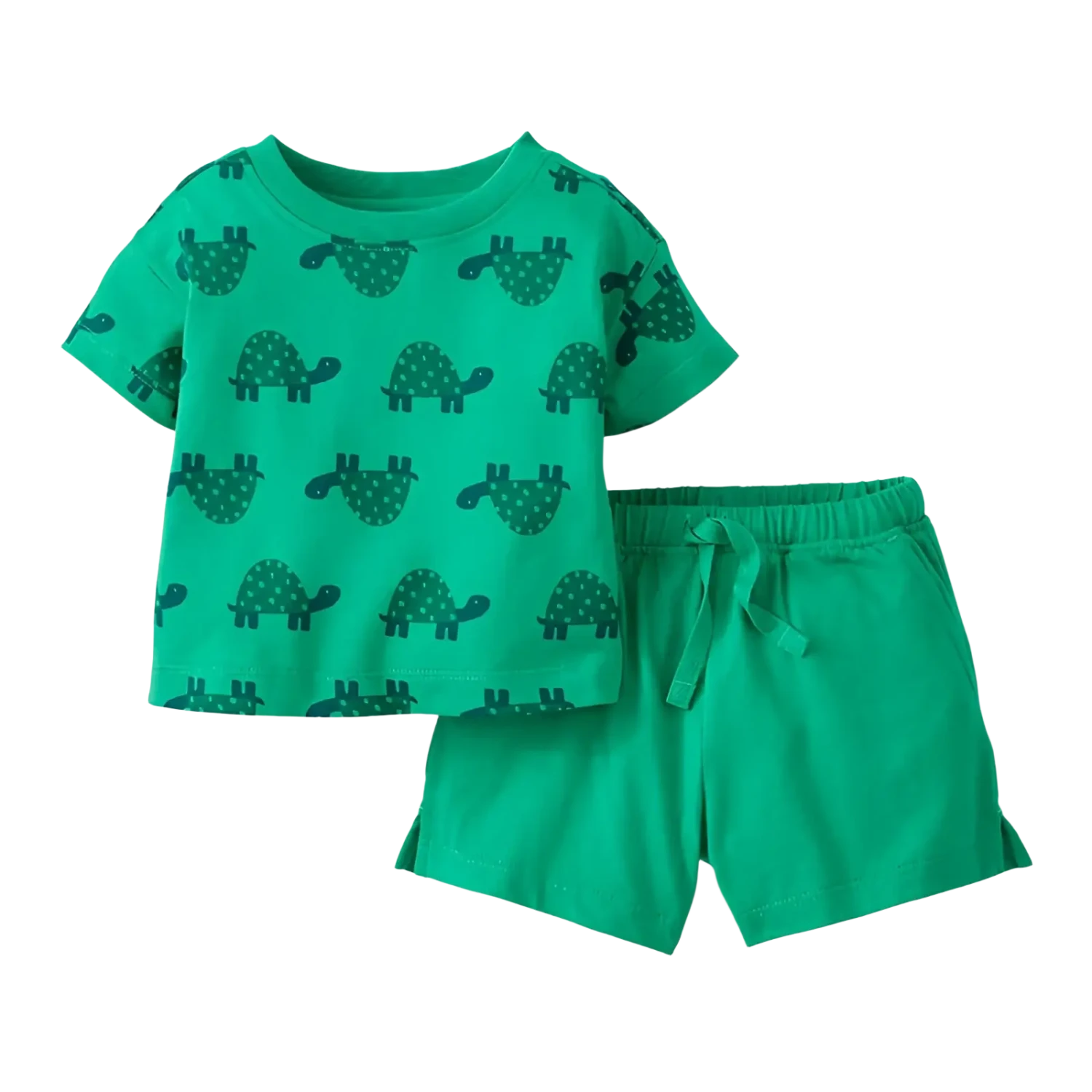 Hanna Andersson Baby Tee & Short Set in turtles on green, front view