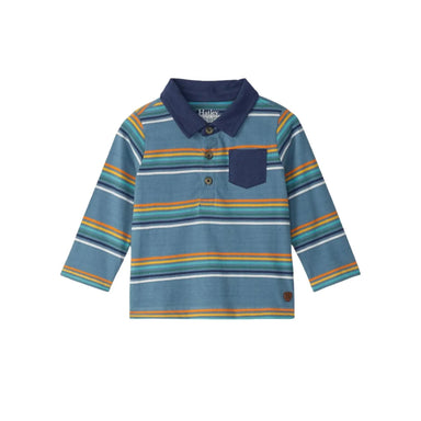 Hatley Baby Bluestone Stripes Long Sleeve Polo T-Shirt, Bluestone Stripe, front view flat 