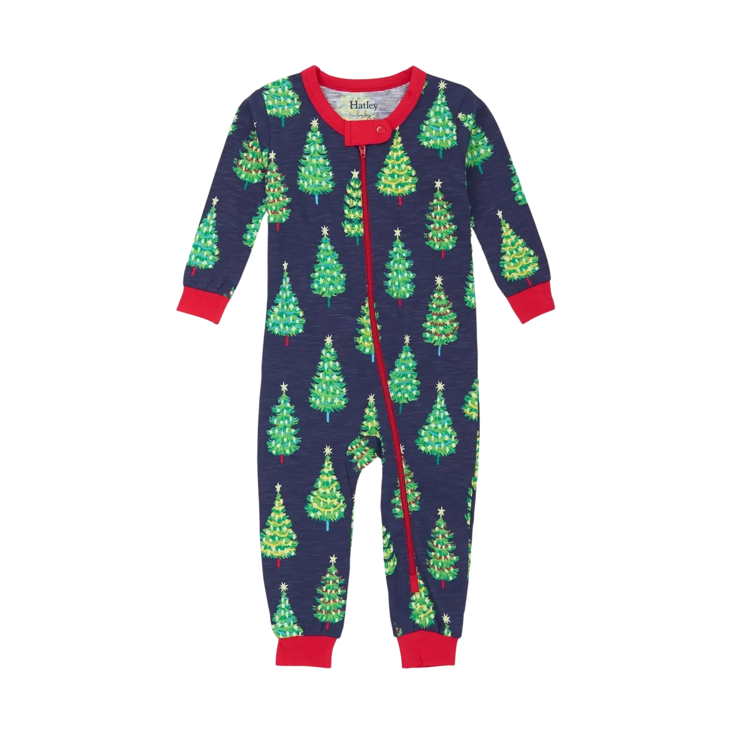 Children's onesie with Christmas tree pattern on a white background