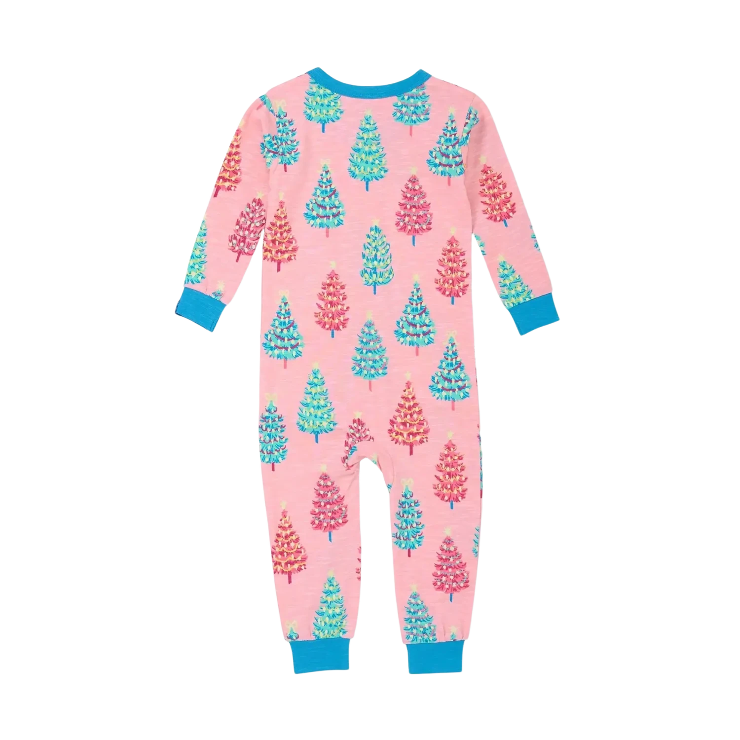 Pink onesie with colorful tree pattern on a white background, back view.